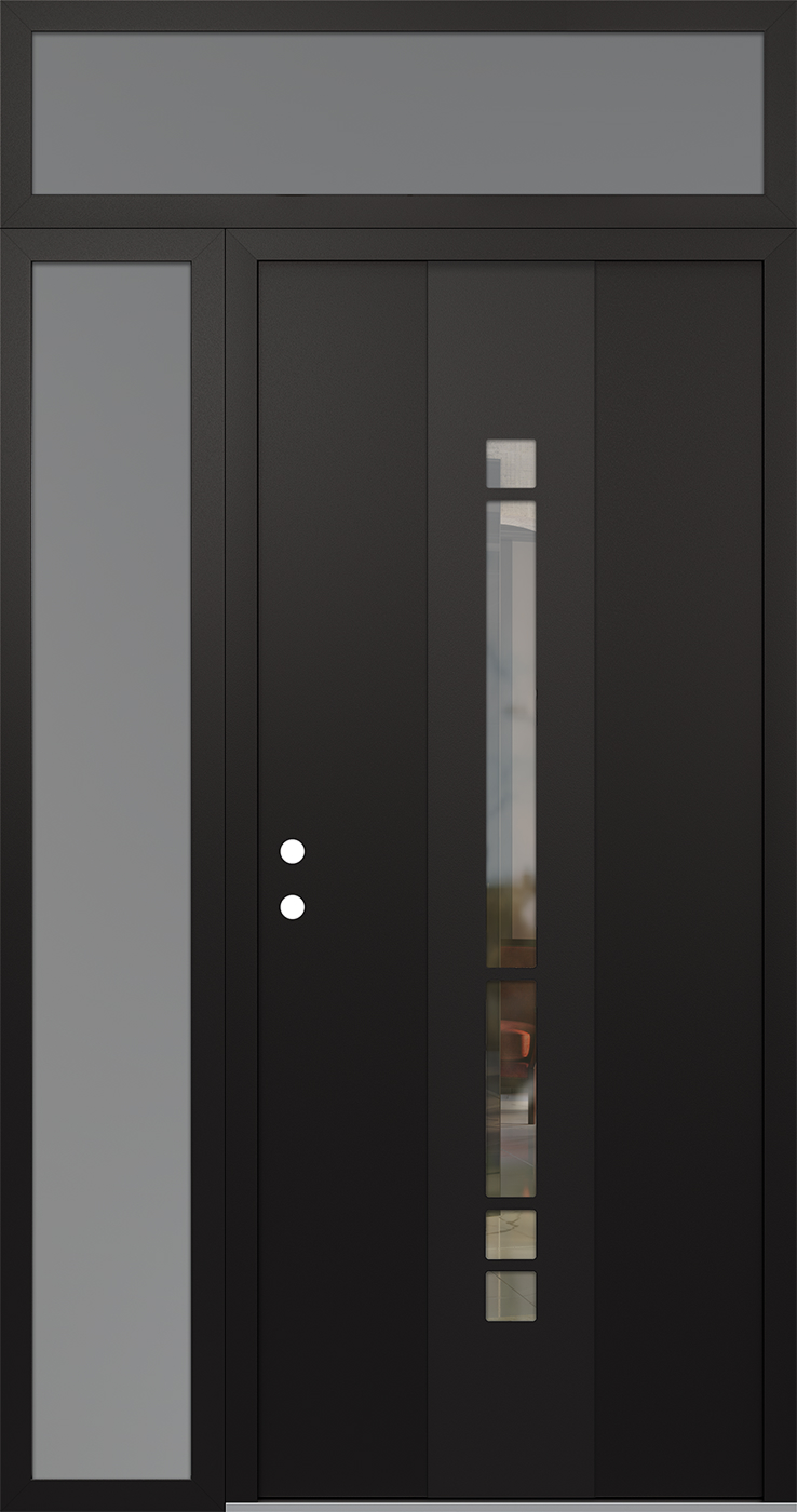 Modern Steel Front Door DIAMOND A3 48" X 96" BLACK/BLACK CLEAR GLASS PANEL BLACK RHI WITH SIDELITE AND TRANSOM FROSTED GLASS