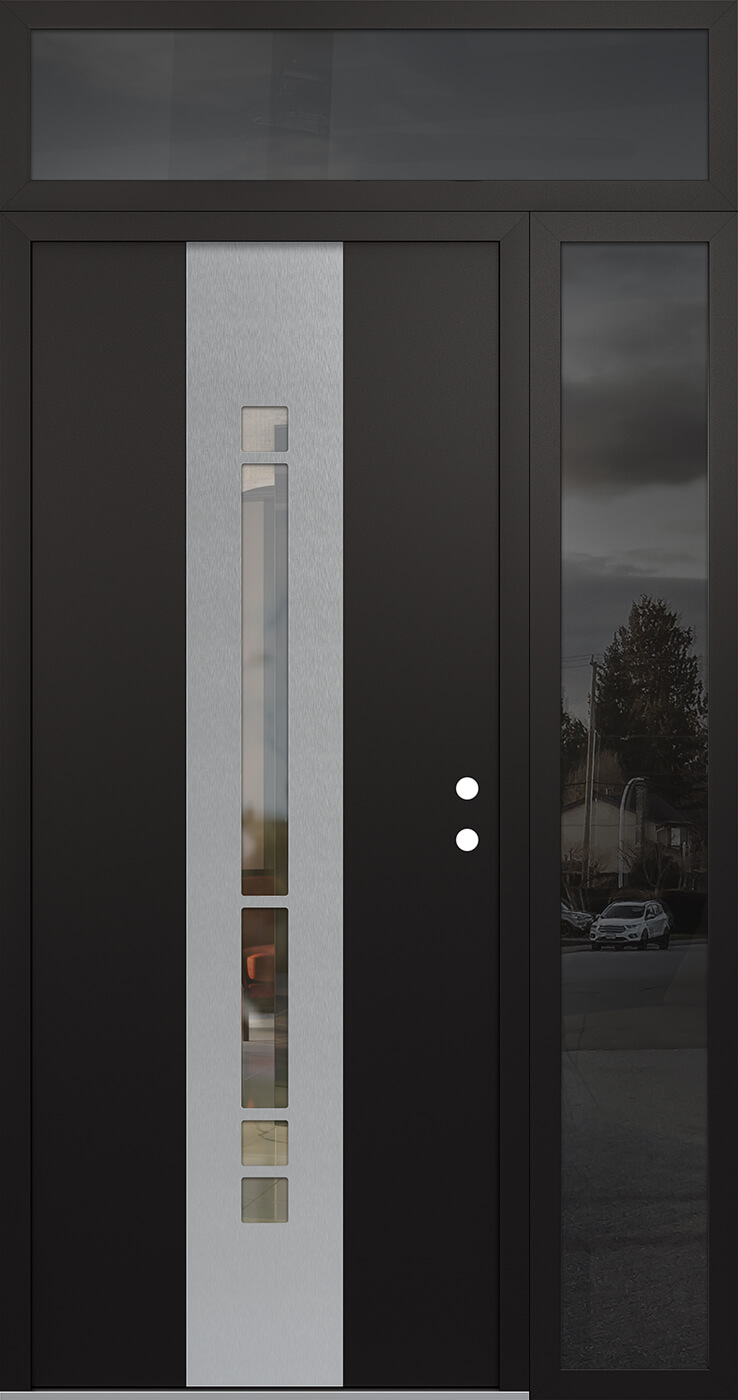 Modern Steel Front Door DIAMOND A3 48" X 96" BLACK/BLACK CLEAR GLASS PANEL STAINLESS STEEL LHI WITH SIDELITE AND TRANSOM MIRRORED GLASS