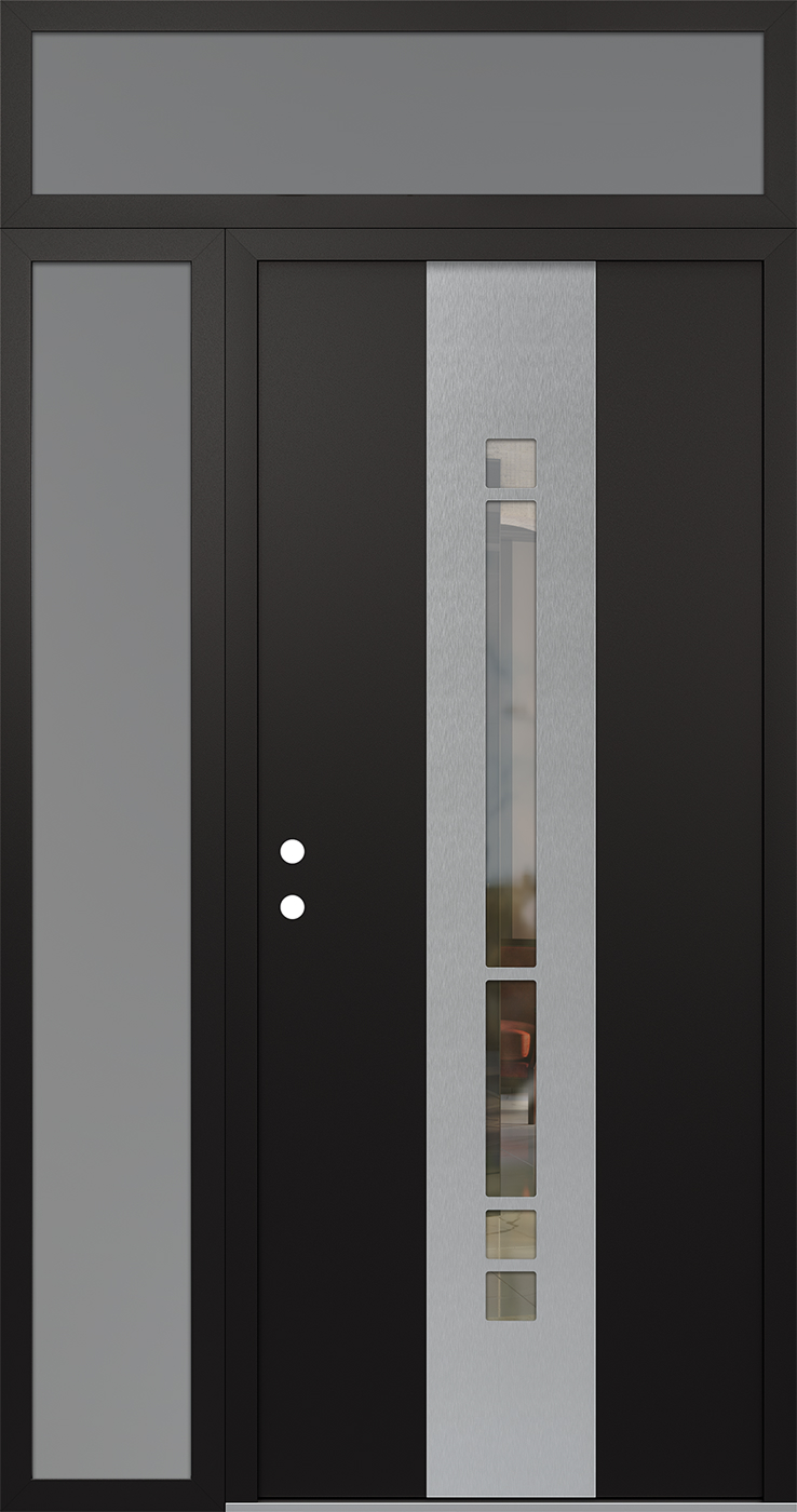 Modern Steel Front Door DIAMOND A3 48" X 96" BLACK/BLACK CLEAR GLASS PANEL STAINLESS STEEL RHI WITH SIDELITE AND TRANSOM FROSTED GLASS