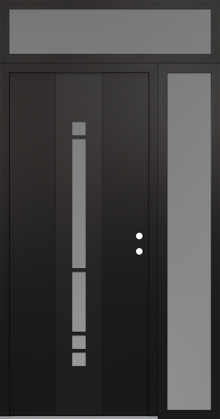 Modern Steel Front Door DIAMOND A3 48" X 96" BLACK/WHITE FROSTED GLASS PANEL BLACK LHI WITH SIDELITE AND TRANSOM FROSTED GLASS