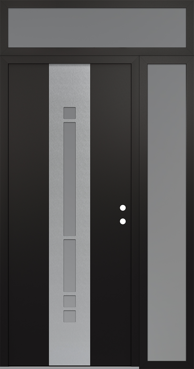 Modern Steel Front Door DIAMOND A3 48" X 96" BLACK/WHITE FROSTED GLASS PANEL STAINLESS STEEL LHI WITH SIDELITE AND TRANSOM FROSTED GLASS