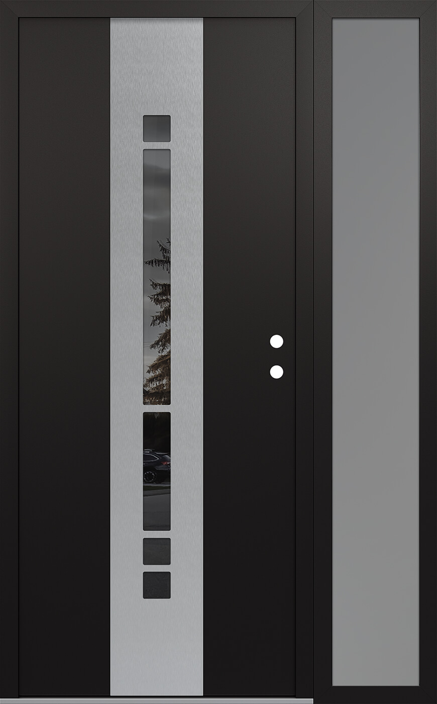 Modern Steel Front Door DIAMOND A3 50" X 80" BLACK/BLACK MIRRORED GLASS PANEL STAINLESS STEEL LHI WITH SIDELITE FROSTED GLASS
