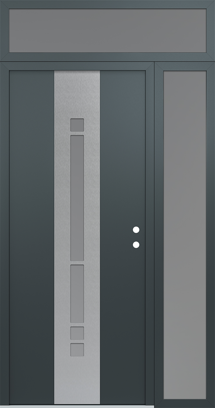 Modern Steel Front Door DIAMOND A3 50" X 96" ANTHRACITE/ANTHRACITE FROSTED GLASS PANEL STAINLESS STEEL LHI WITH SIDELITE AND TRANSOM FROSTED GLASS