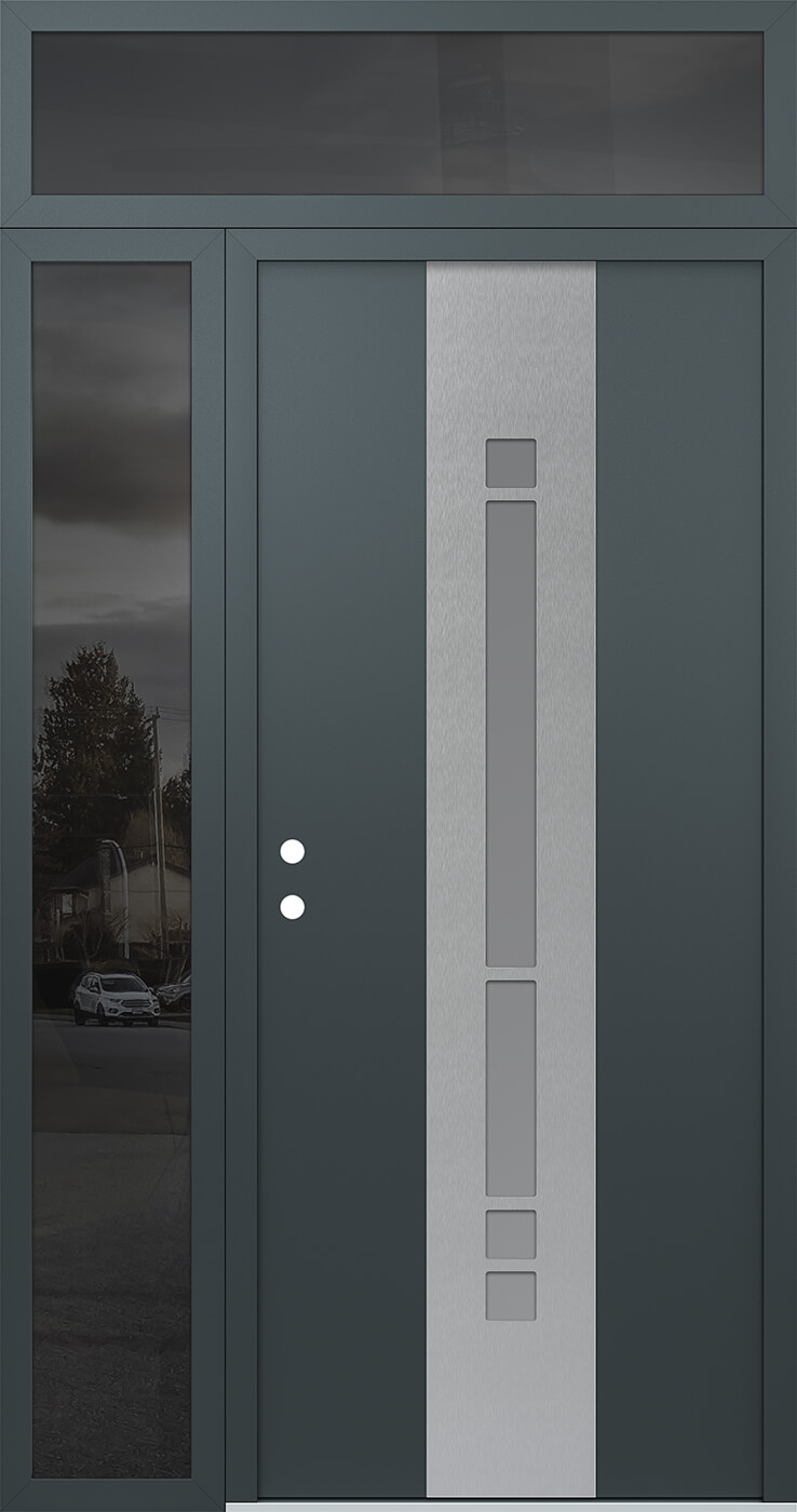 Modern Steel Front Door DIAMOND A3 50" X 96" ANTHRACITE/ANTHRACITE FROSTED GLASS PANEL STAINLESS STEEL RHI WITH SIDELITE AND TRANSOM MIRRORED GLASS
