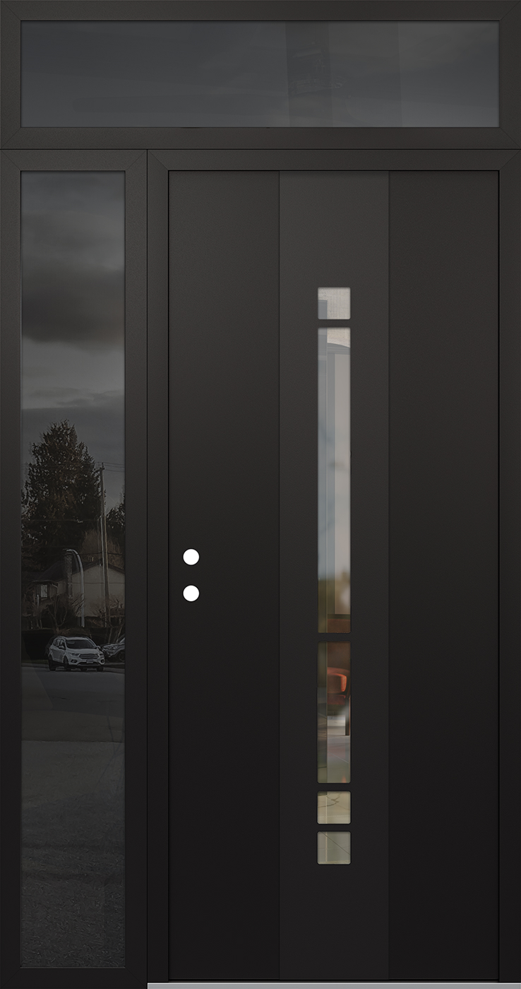Modern Steel Front Door DIAMOND A3 50" X 96" BLACK/BLACK CLEAR GLASS PANEL BLACK RHI WITH SIDELITE AND TRANSOM MIRRORED GLASS