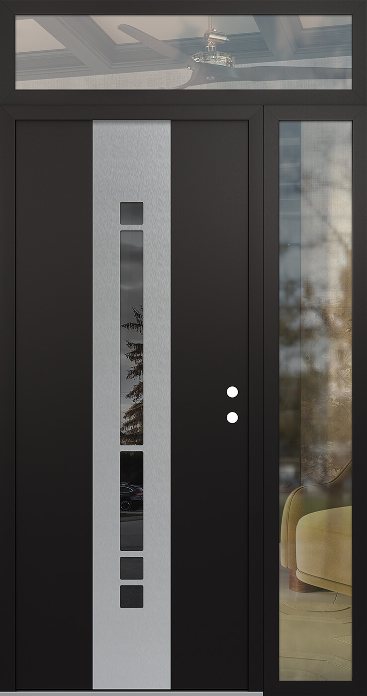 Modern Steel Front Door DIAMOND A3 50" X 96" BLACK/BLACK MIRRORED GLASS PANEL STAINLESS STEEL LHI WITH SIDELITE AND TRANSOM CLEAR GLASS