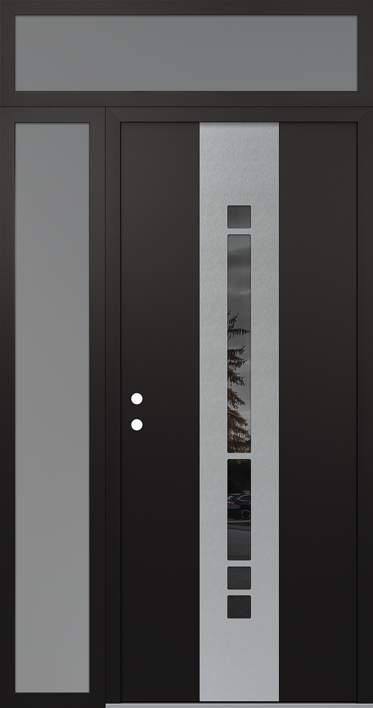 Modern Steel Front Door DIAMOND A3 50" X 96" BLACK/BLACK MIRRORED GLASS PANEL STAINLESS STEEL RHI WITH SIDELITE AND TRANSOM FROSTED GLASS
