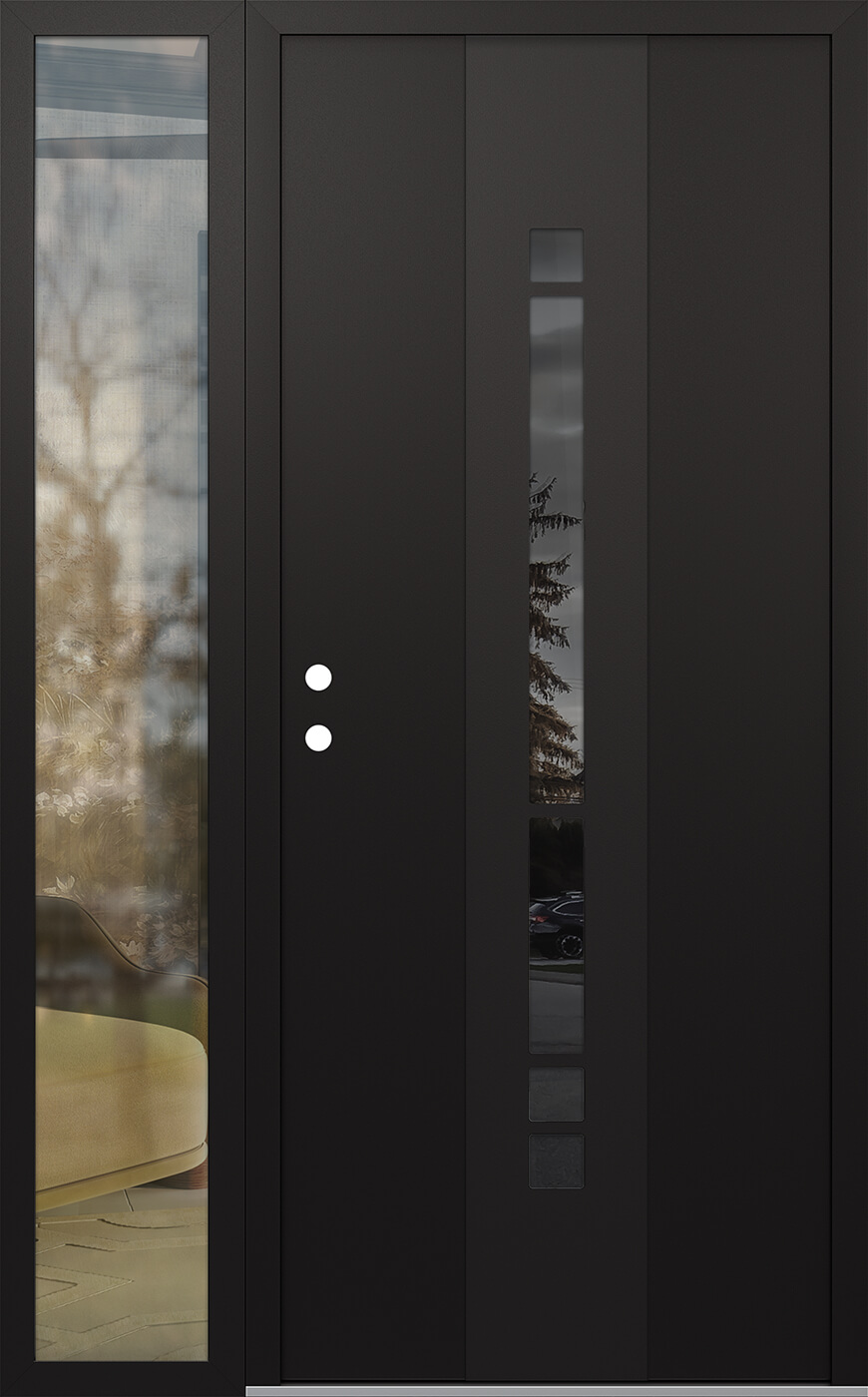 Modern Steel Front Door DIAMOND A3 52" X 80" BLACK/BLACK MIRRORED GLASS PANEL BLACK RHI WITH SIDELITE CLEAR GLASS