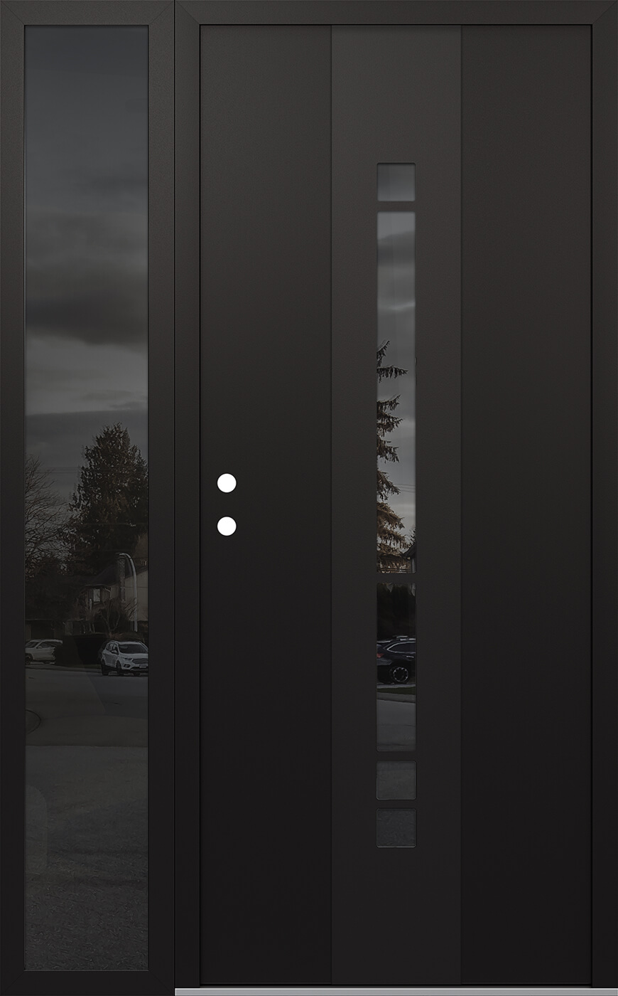 Modern Steel Front Door DIAMOND A3 52" X 80" BLACK/BLACK MIRRORED GLASS PANEL BLACK RHI WITH SIDELITE MIRRORED GLASS