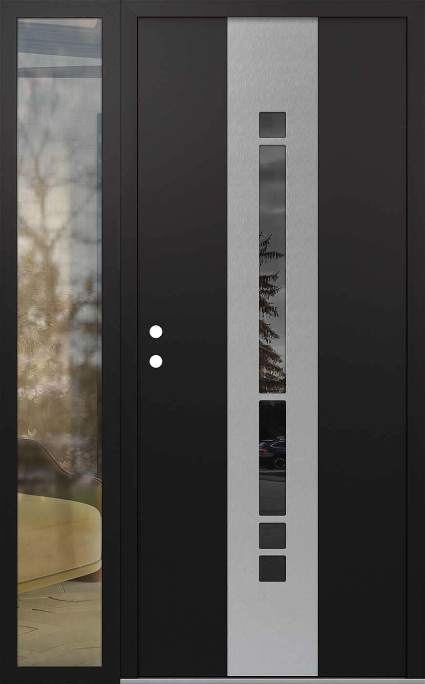 Modern Steel Front Door DIAMOND A3 52" X 80" BLACK/BLACK MIRRORED GLASS PANEL STAINLESS STEEL RHI WITH SIDELITE CLEAR GLASS