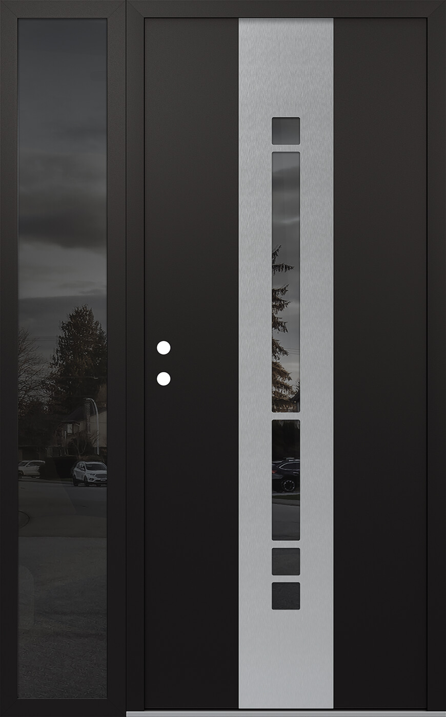 Modern Steel Front Door DIAMOND A3 52" X 80" BLACK/BLACK MIRRORED GLASS PANEL STAINLESS STEEL RHI WITH SIDELITE MIRRORED GLASS