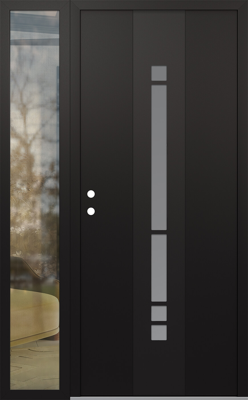 Modern Steel Front Door DIAMOND A3 52" X 80" BLACK/WHITE FROSTED GLASS PANEL BLACK RHI WITH SIDELITE CLEAR GLASS