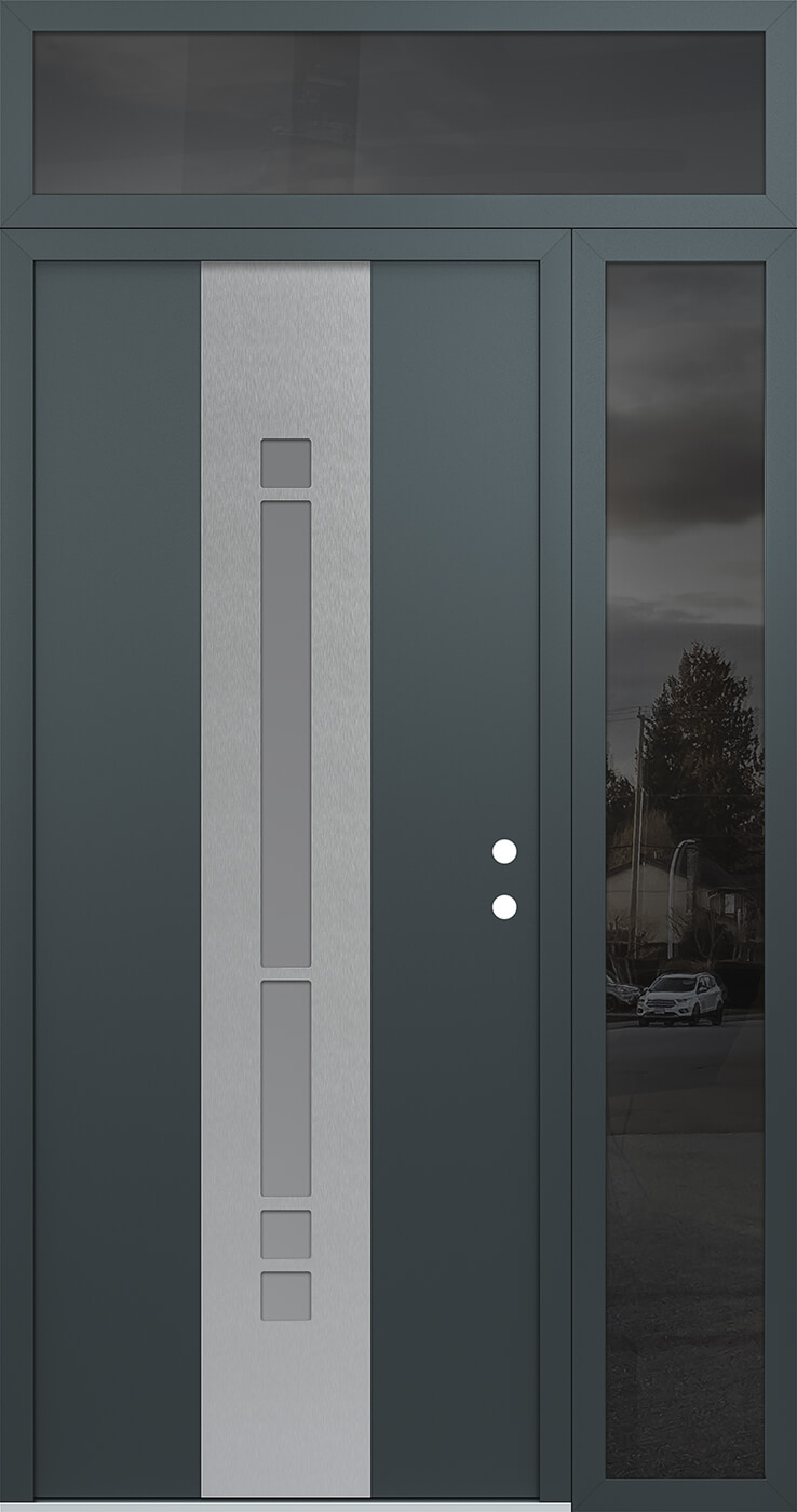 Modern Steel Front Door DIAMOND A3 52" X 96" ANTHRACITE/ANTHRACITE FROSTED GLASS PANEL STAINLESS STEEL LHI WITH SIDELITE AND TRANSOM MIRRORED GLASS