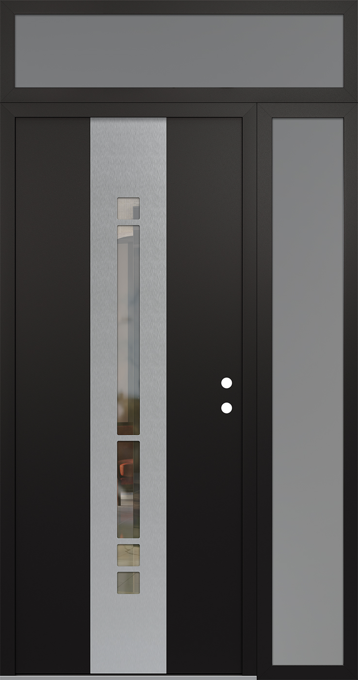Modern Steel Front Door DIAMOND A3 52" X 96" BLACK/BLACK CLEAR GLASS PANEL STAINLESS STEEL LHI WITH SIDELITE AND TRANSOM FROSTED GLASS