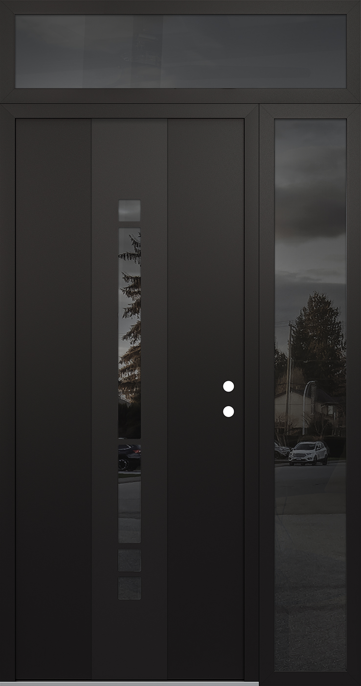 Modern Steel Front Door DIAMOND A3 52" X 96" BLACK/BLACK MIRRORED GLASS PANEL BLACK LHI WITH SIDELITE AND TRANSOM MIRRORED GLASS