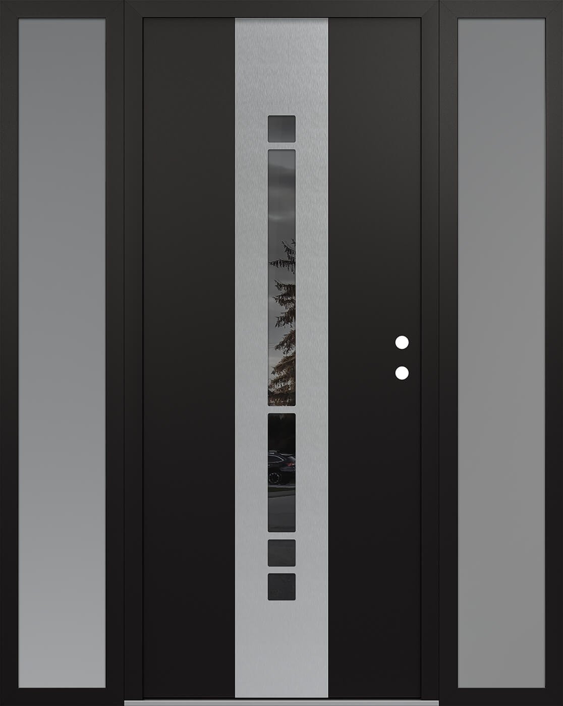 Modern Steel Front Door DIAMOND A3 60" X 80" BLACK/BLACK MIRRORED GLASS PANEL STAINLESS STEEL LHI WITH 2 SIDELITES FROSTED GLASS