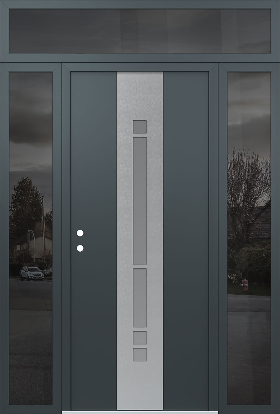 Modern Steel Front Door DIAMOND A3 60" X 96" ANTHRACITE/ANTHRACITE FROSTED GLASS PANEL STAINLESS STEEL RHI WITH 2 SIDELITES AND TRANSOM MIRRORED GLASS