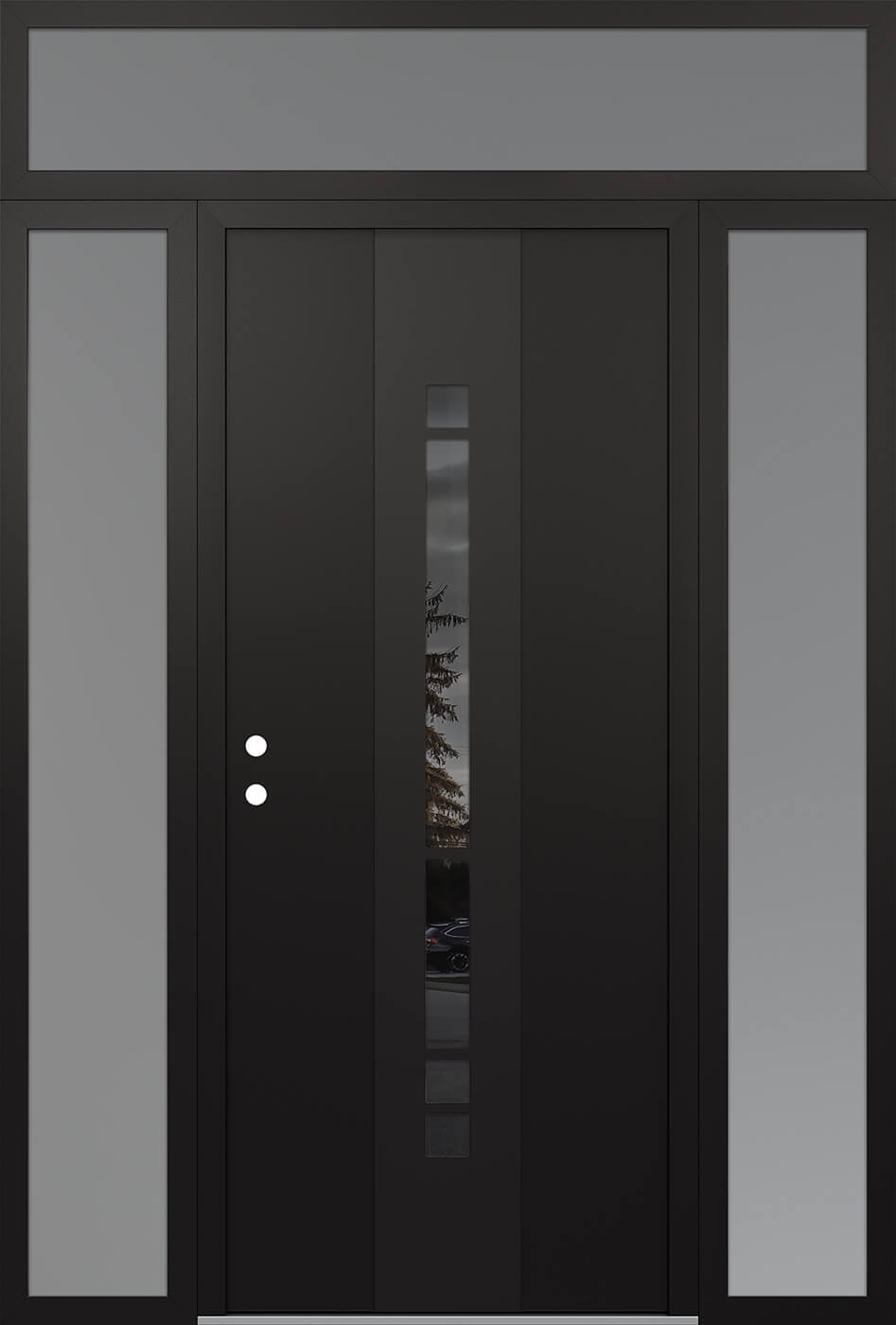 Modern Steel Front Door DIAMOND A3 60" X 96" BLACK/BLACK MIRRORED GLASS PANEL BLACK RHI WITH 2 SIDELITES AND TRANSOM FROSTED GLASS