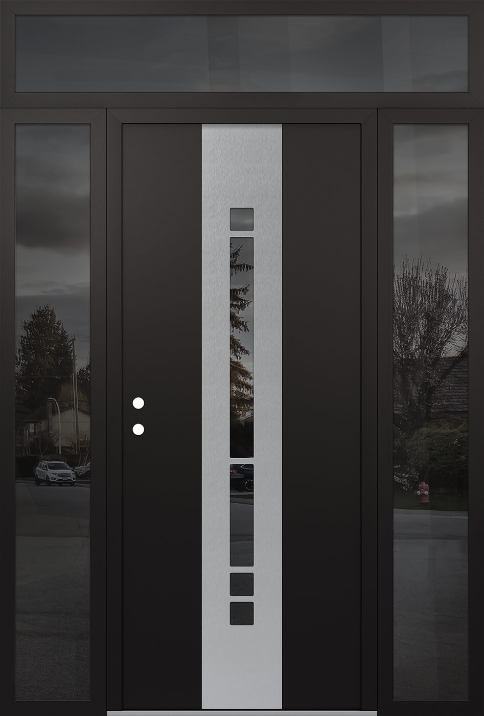 Modern Steel Front Door DIAMOND A3 60" X 96" BLACK/BLACK MIRRORED GLASS PANEL STAINLESS STEEL RHI WITH 2 SIDELITES AND TRANSOM MIRRORED GLASS