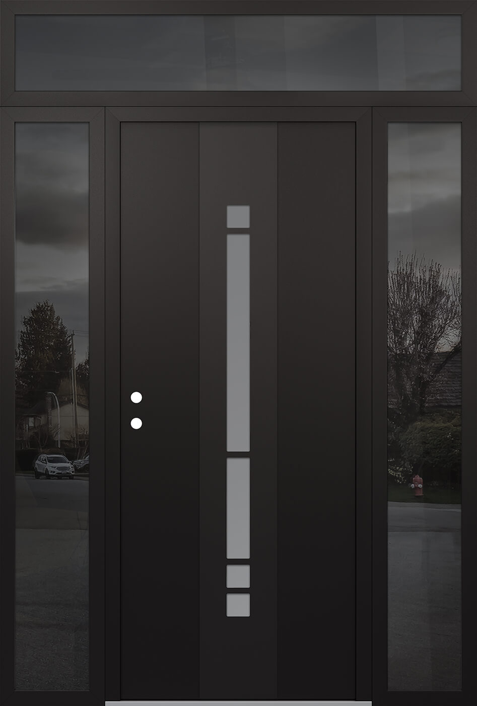 Modern Steel Front Door DIAMOND A3 60" X 96" BLACK/WHITE FROSTED GLASS PANEL BLACK RHI WITH 2 SIDELITES AND TRANSOM MIRRORED GLASS
