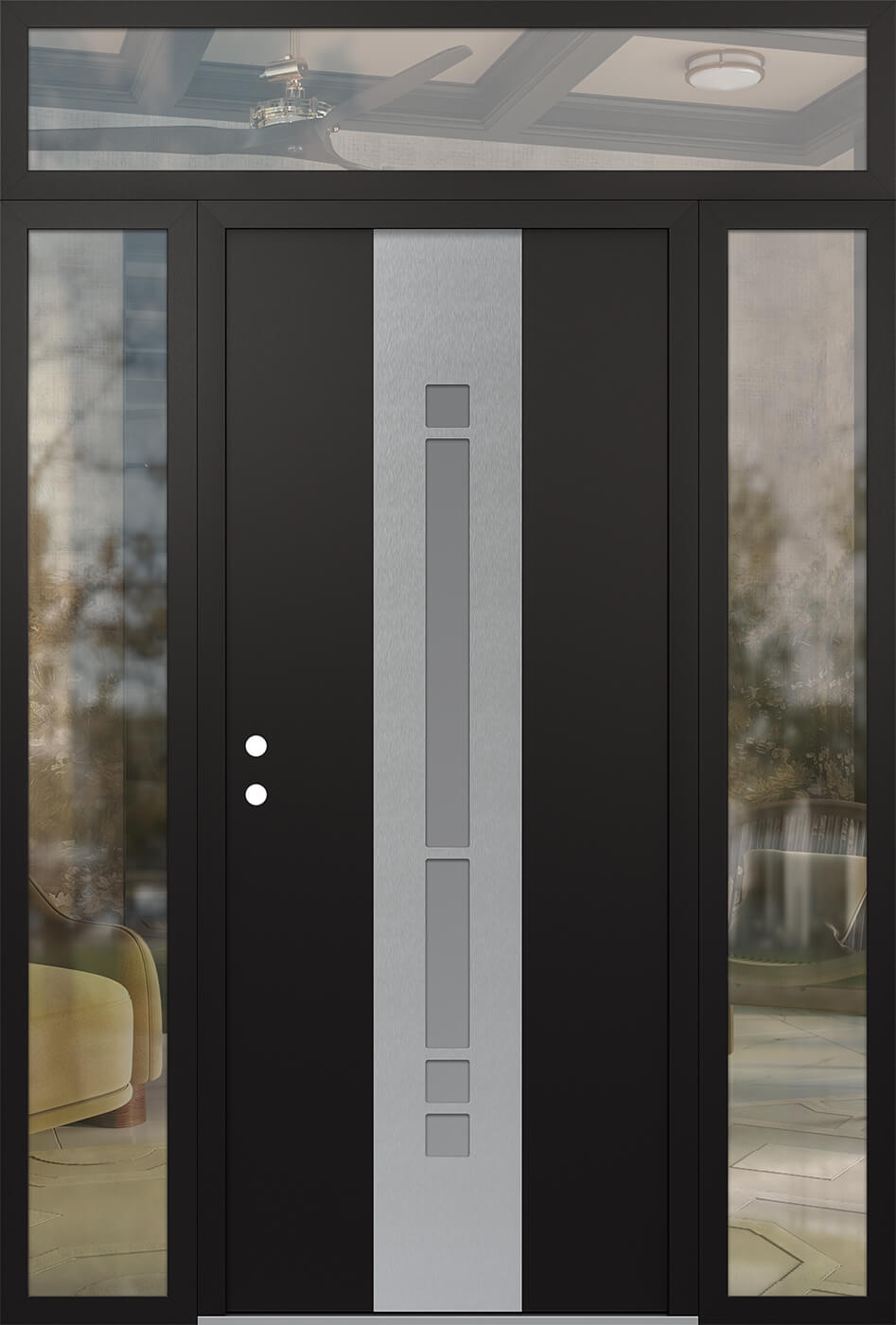 Modern Steel Front Door DIAMOND A3 60" X 96" BLACK/WHITE FROSTED GLASS PANEL STAINLESS STEEL RHI WITH 2 SIDELITES AND TRANSOM CLEAR GLASS