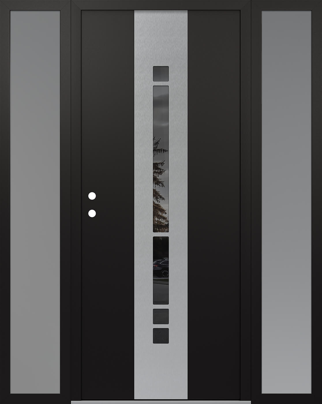 Modern Steel Front Door DIAMOND A3 64" X 80" BLACK/BLACK MIRRORED GLASS PANEL STAINLESS STEEL RHI WITH 2 SIDELITES FROSTED GLASS