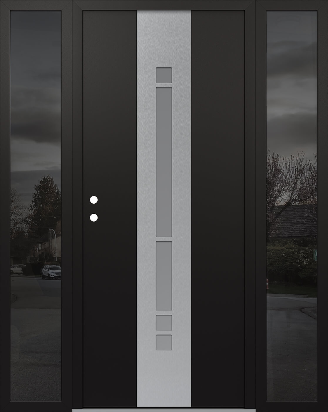 Modern Steel Front Door DIAMOND A3 64" X 80" BLACK/WHITE FROSTED GLASS PANEL STAINLESS STEEL RHI WITH 2 SIDELITES MIRRORED GLASS