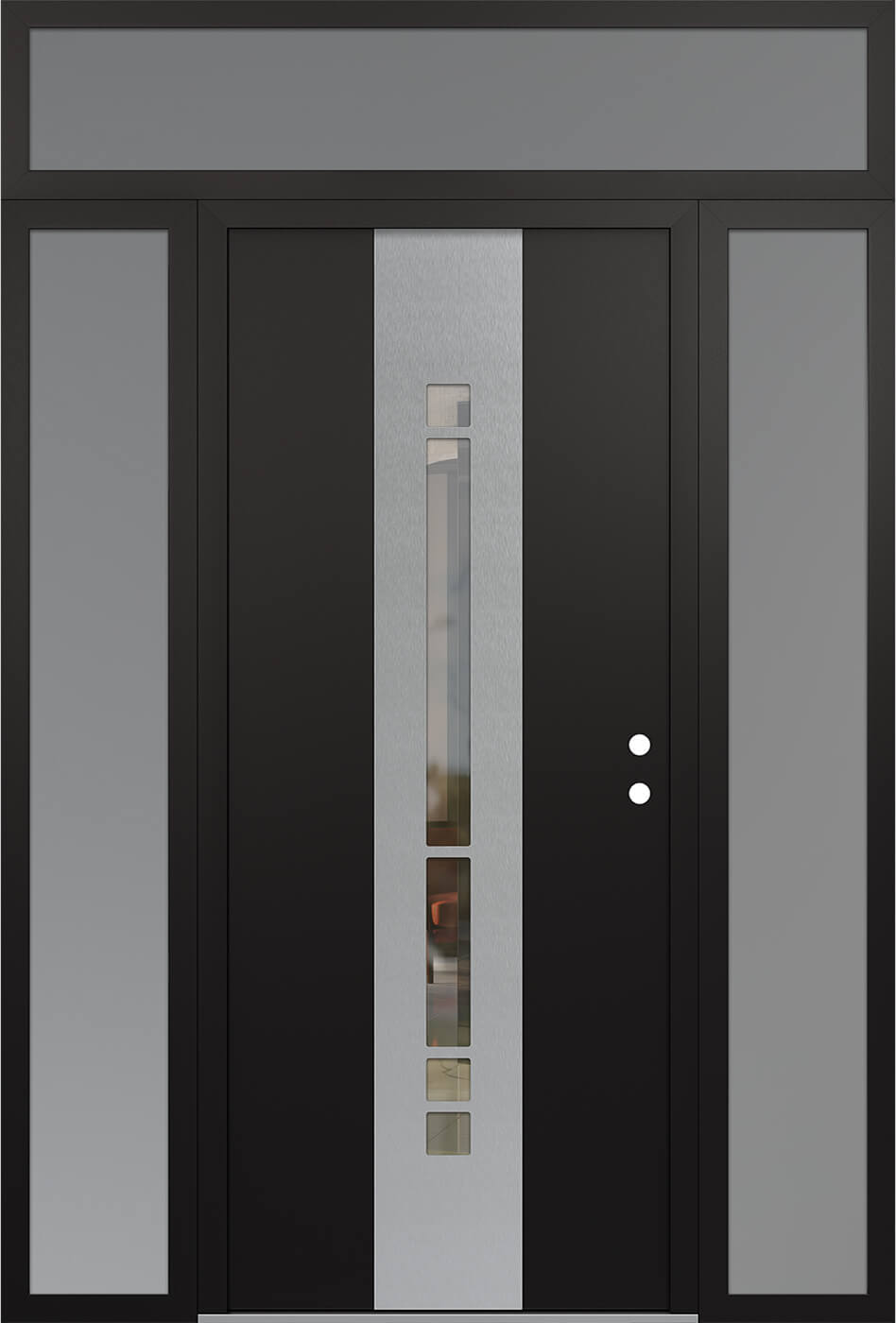 Modern Steel Front Door DIAMOND A3 64" X 96" BLACK/BLACK CLEAR GLASS PANEL STAINLESS STEEL LHI WITH 2 SIDELITES AND TRANSOM FROSTED GLASS