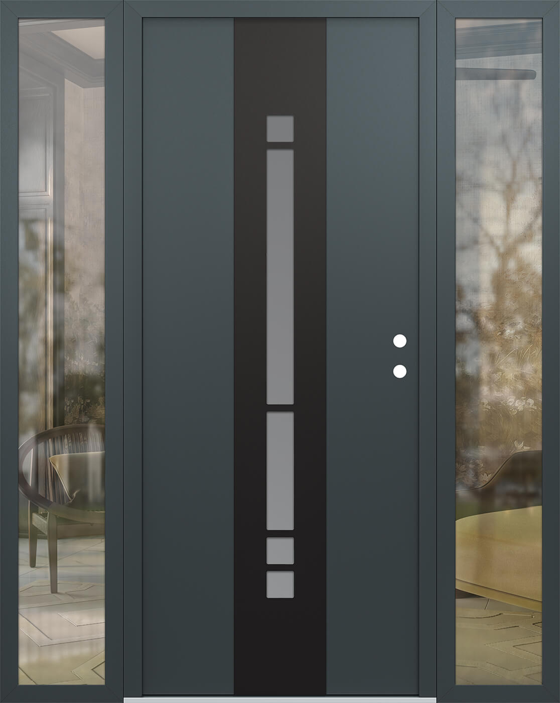 Modern Steel Front Door DIAMOND A3 68" X 80" ANTHRACITE/ANTHRACITE FROSTED GLASS PANEL BLACK LHI WITH 2 SIDELITES CLEAR GLASS