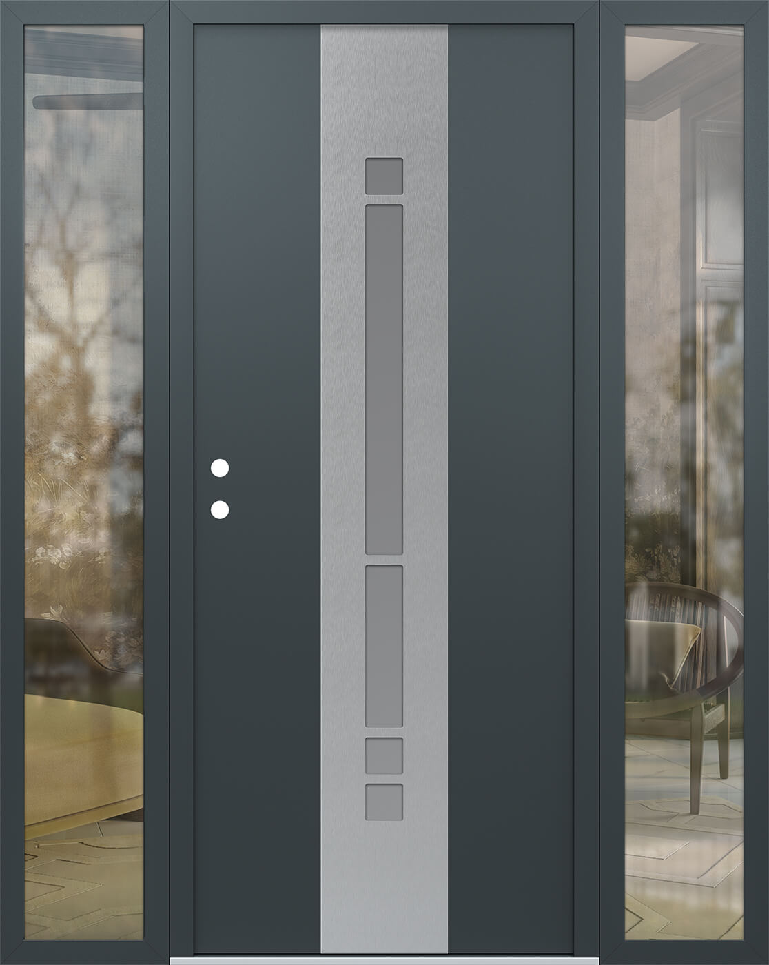 Modern Steel Front Door DIAMOND A3 68" X 80" ANTHRACITE/ANTHRACITE FROSTED GLASS PANEL STAINLESS STEEL RHI WITH 2 SIDELITES CLEAR GLASS