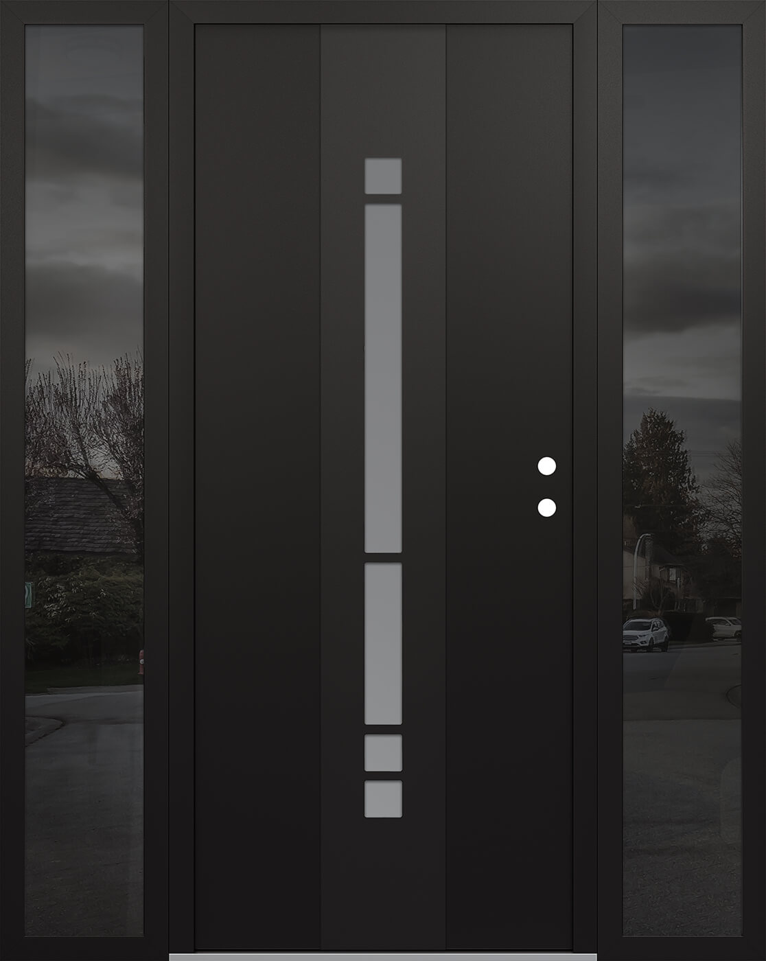 Modern Steel Front Door DIAMOND A3 68" X 80" BLACK/WHITE FROSTED GLASS PANEL BLACK LHI WITH 2 SIDELITES MIRRORED GLASS
