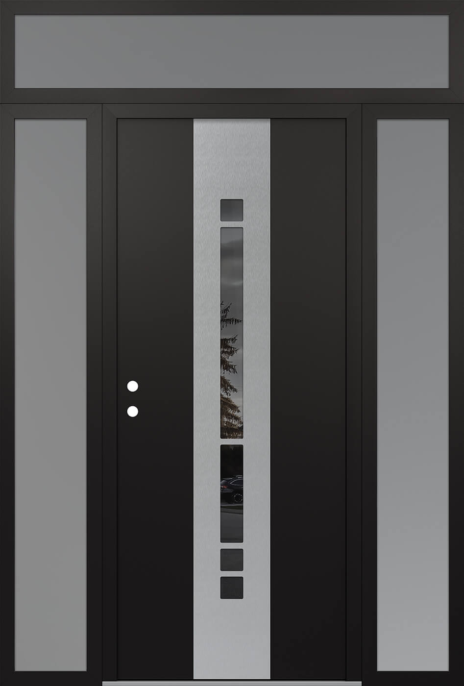 Modern Steel Front Door DIAMOND A3 68" X 96" BLACK/BLACK MIRRORED GLASS PANEL STAINLESS STEEL RHI WITH 2 SIDELITES AND TRANSOM FROSTED GLASS