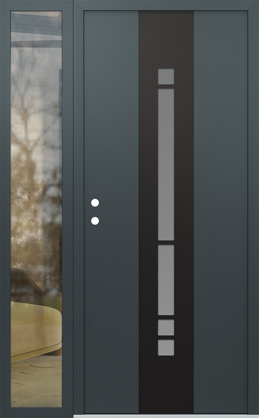 Modern Steel Front Door DIAMOND A3 48" X 80" ANTHRACITE/ANTHRACITE FROSTED GLASS PANEL BLACK RHI WITH SIDELITE CLEAR GLASS