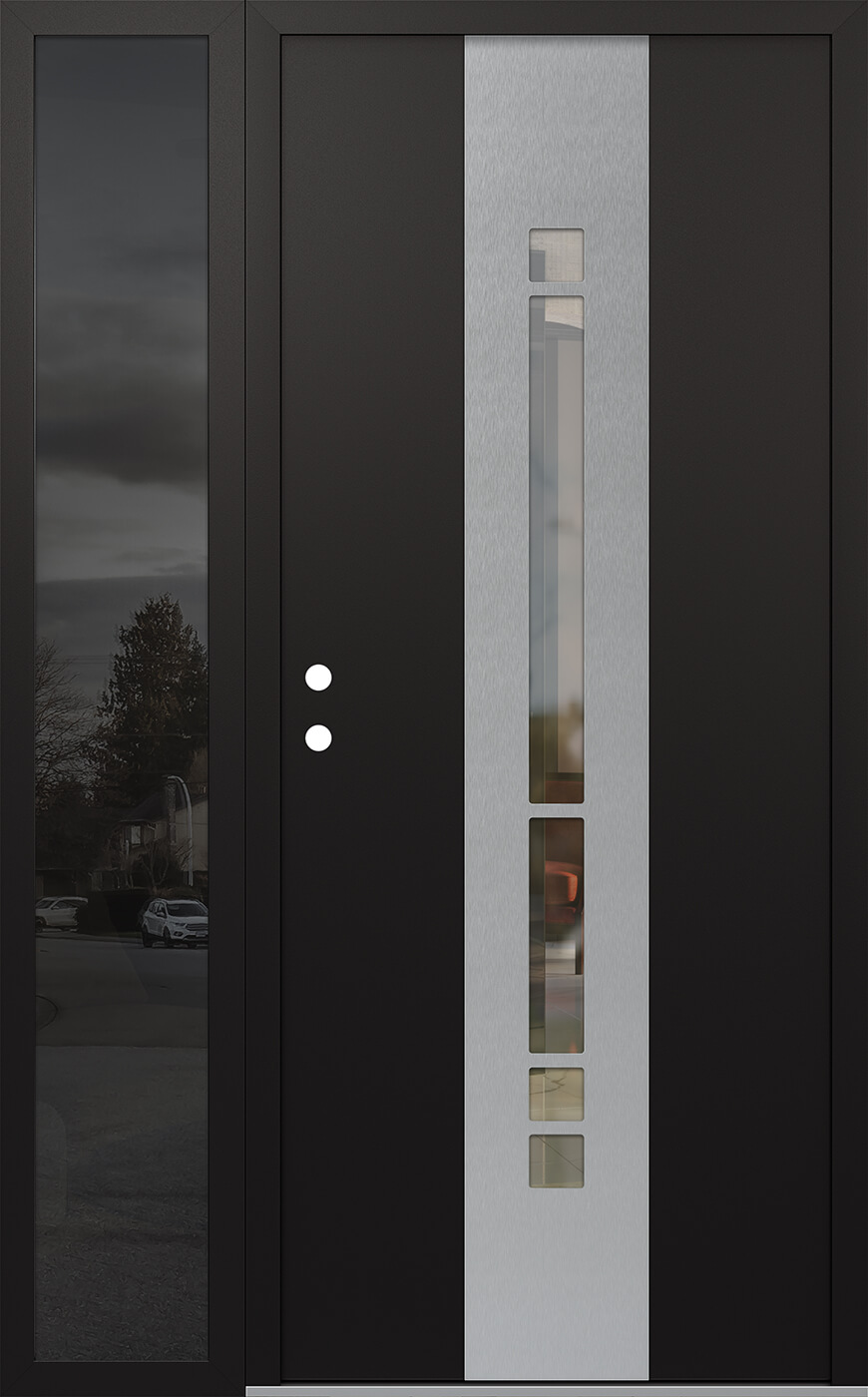 Modern Steel Front Door DIAMOND A3 48" X 80" BLACK/BLACK CLEAR GLASS PANEL STAINLESS STEEL RHI WITH SIDELITE FROSTED GLASS