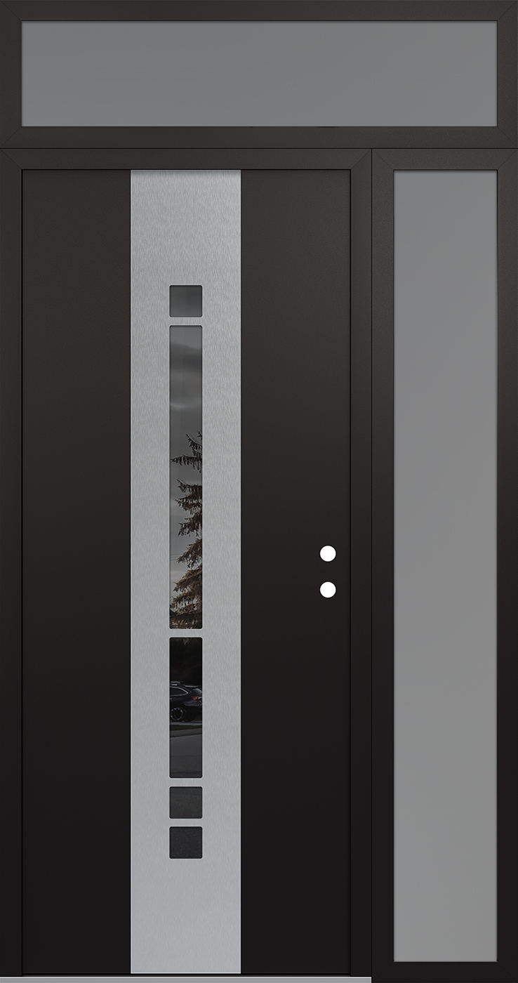 MODERN STEEL FRONT DOOR DIAMOND A3 48" X 96" BLACK/BLACK MIRRORED GLASS PANEL STAINLESS STEEL LHI WITH SIDELITE AND TRANSOM CLEAR GLASS