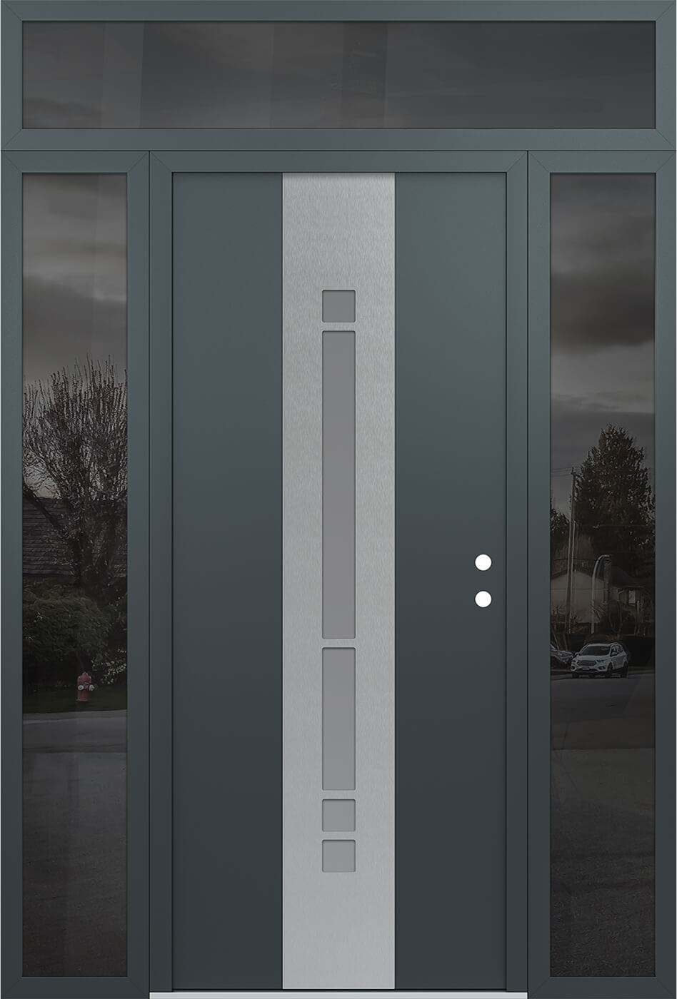 MODERN STEEL FRONT DOOR DIAMOND A3 60" X 96" ANTHRACITE/ANTHRACITE FROSTED GLASS PANEL STAINLESS STEEL RHI WITH 2 SIDELITES AND TRANSOM MIRRORED GLASS