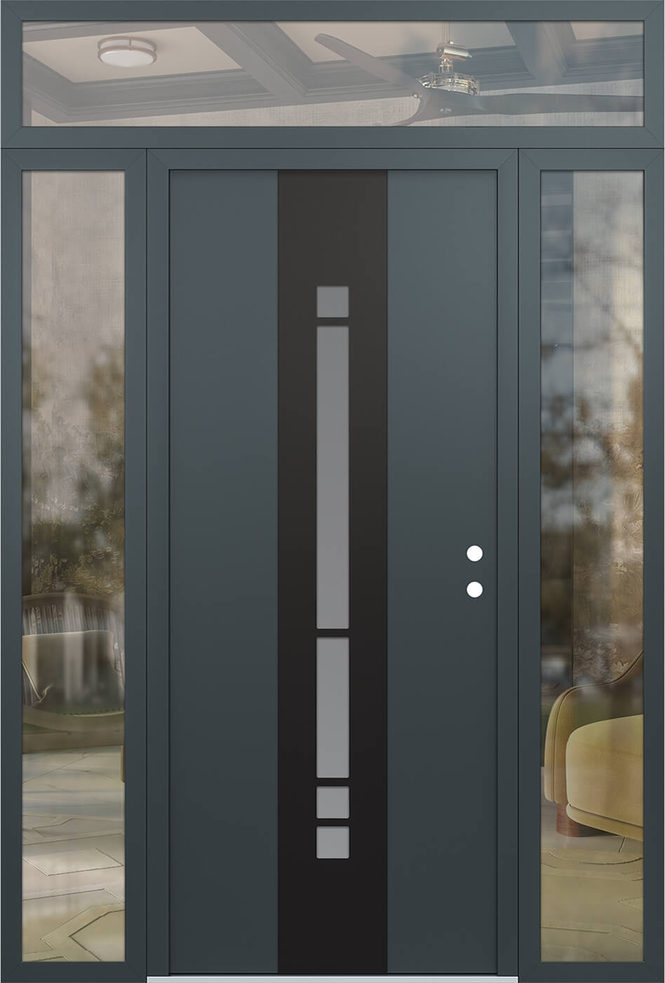 Modern Steel Front Door DIAMOND A3 68" X 96" ANTHRACITE/ANTHRACITE FROSTED GLASS PANEL BLACK LHI WITH 2 SIDELITES AND TRANSOM CLEAR GLASS