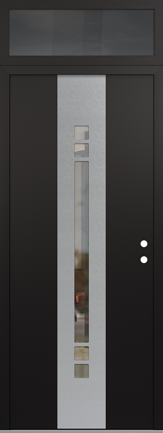Modern Steel Front Door DIAMOND A4 36" X 96" BLACK/BLACK CLEAR GLASS PANEL STAINLESS STEEL LHI WITH TRANSOM MIRRORED GLASS
