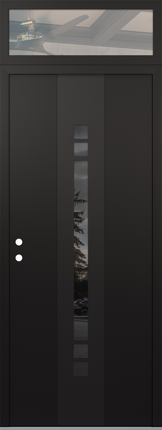 Modern Steel Front Door DIAMOND A4 36" X 96" BLACK/BLACK MIRRORED GLASS PANEL BLACK RHI WITH TRANSOM CLEAR GLASS