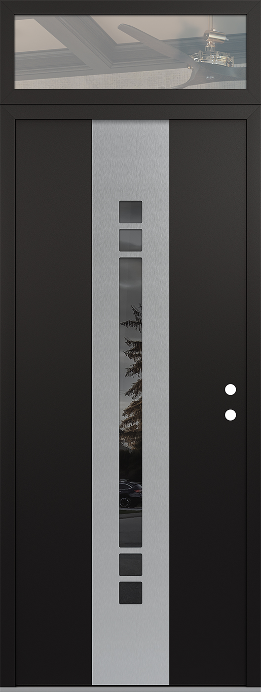 Modern Steel Front Door DIAMOND A4 36" X 96" BLACK/BLACK MIRRORED GLASS PANEL STAINLESS STEEL LHI WITH TRANSOM CLEAR GLASS