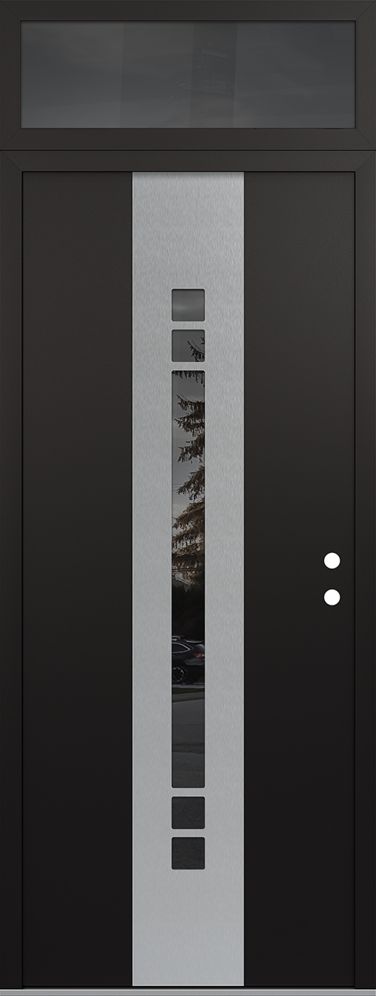 Modern Steel Front Door DIAMOND A4 36" X 96" BLACK/BLACK MIRRORED GLASS PANEL STAINLESS STEEL LHI WITH TRANSOM MIRRORED GLASS