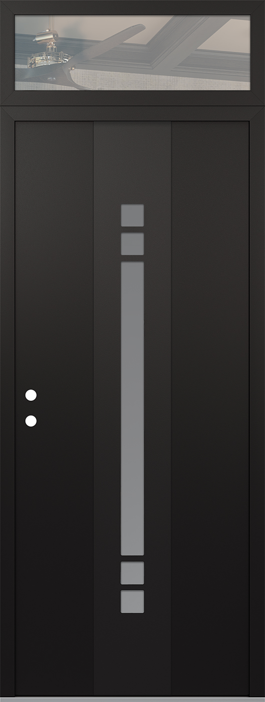 Modern Steel Front Door DIAMOND A4 36" X 96" BLACK/WHITE FROSTED GLASS PANEL BLACK RHI WITH TRANSOM CLEAR GLASS