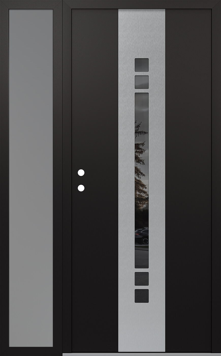 Modern Steel Front Door DIAMOND A4 48" X 80" BLACK/BLACK MIRRORED GLASS PANEL STAINLESS STEEL RHI WITH SIDELITE FROSTED GLASS