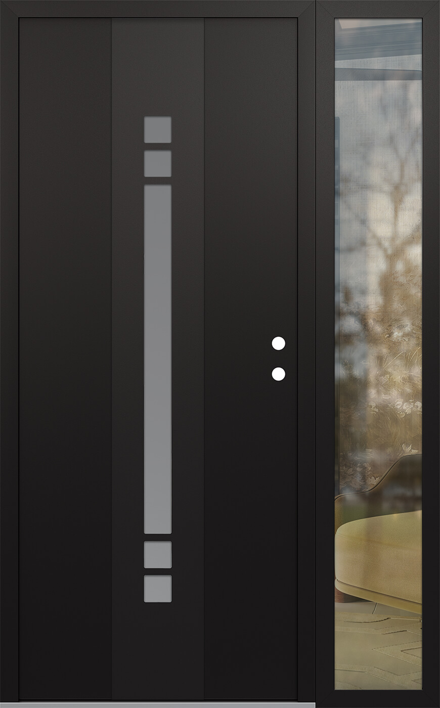 Modern Steel Front Door DIAMOND A4 48" X 80" BLACK/WHITE FROSTED GLASS PANEL BLACK LHI WITH SIDELITE CLEAR GLASS
