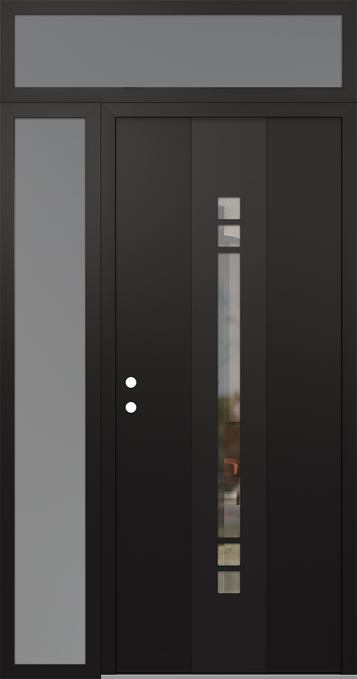 Modern Steel Front Door DIAMOND A4 48" X 96" BLACK/BLACK CLEAR GLASS PANEL BLACK RHI WITH SIDELITE AND TRANSOM FROSTED GLASS