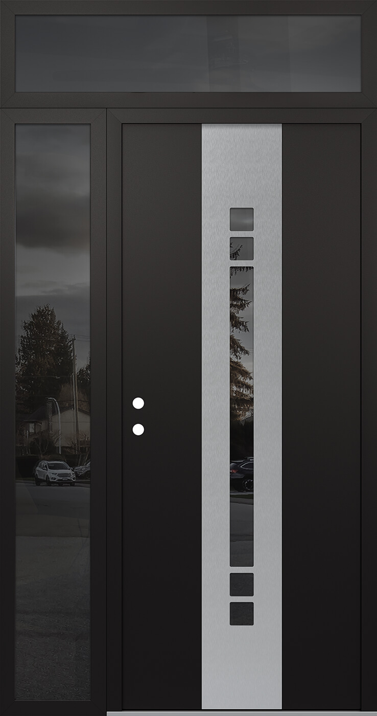 Modern Steel Front Door DIAMOND A4 48" X 96" BLACK/BLACK MIRRORED GLASS PANEL STAINLESS STEEL RHI WITH SIDELITE AND TRANSOM MIRRORED GLASS