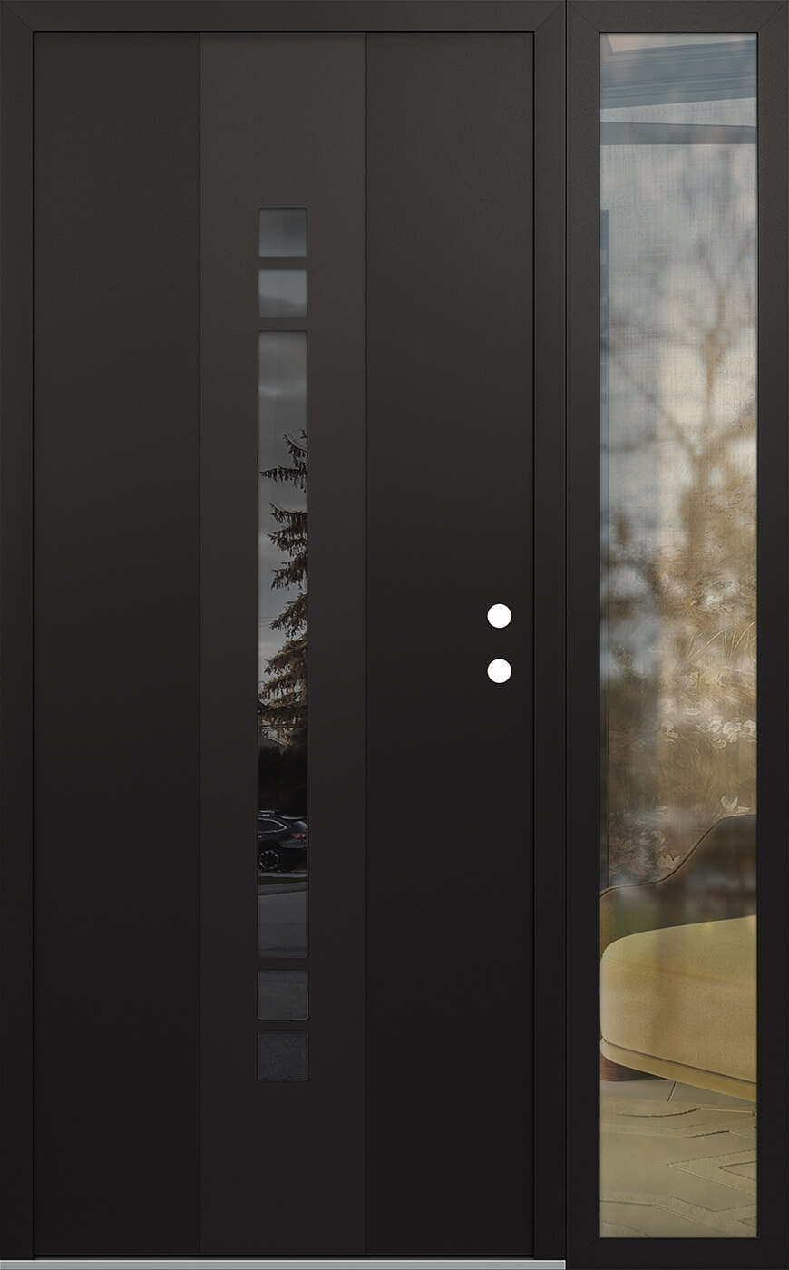 Modern Steel Front Door DIAMOND A4 50" X 80" BLACK/BLACK MIRRORED GLASS PANEL BLACK LHI WITH SIDELITE CLEAR GLASS