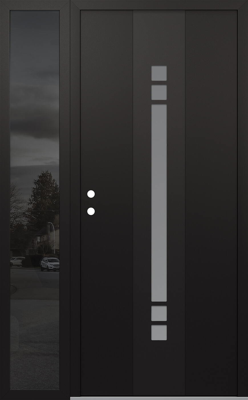 Modern Steel Front Door DIAMOND A4 50" X 80" BLACK/WHITE FROSTED GLASS PANEL BLACK RHI WITH SIDELITE MIRRORED GLASS