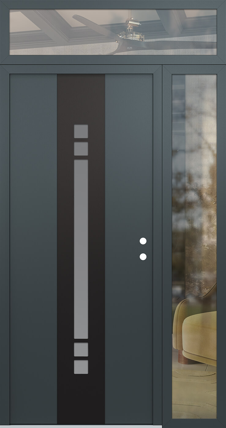 Modern Steel Front Door DIAMOND A4 50" X 96" ANTHRACITE/ANTHRACITE FROSTED GLASS PANEL BLACK LHI WITH SIDELITE AND TRANSOM CLEAR GLASS