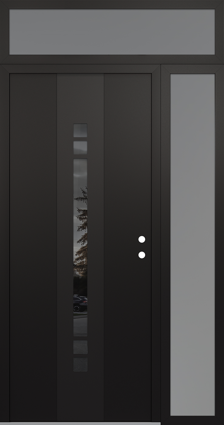 Modern Steel Front Door DIAMOND A4 50" X 96" BLACK/BLACK MIRRORED GLASS PANEL BLACK LHI WITH SIDELITE AND TRANSOM FROSTED GLASS